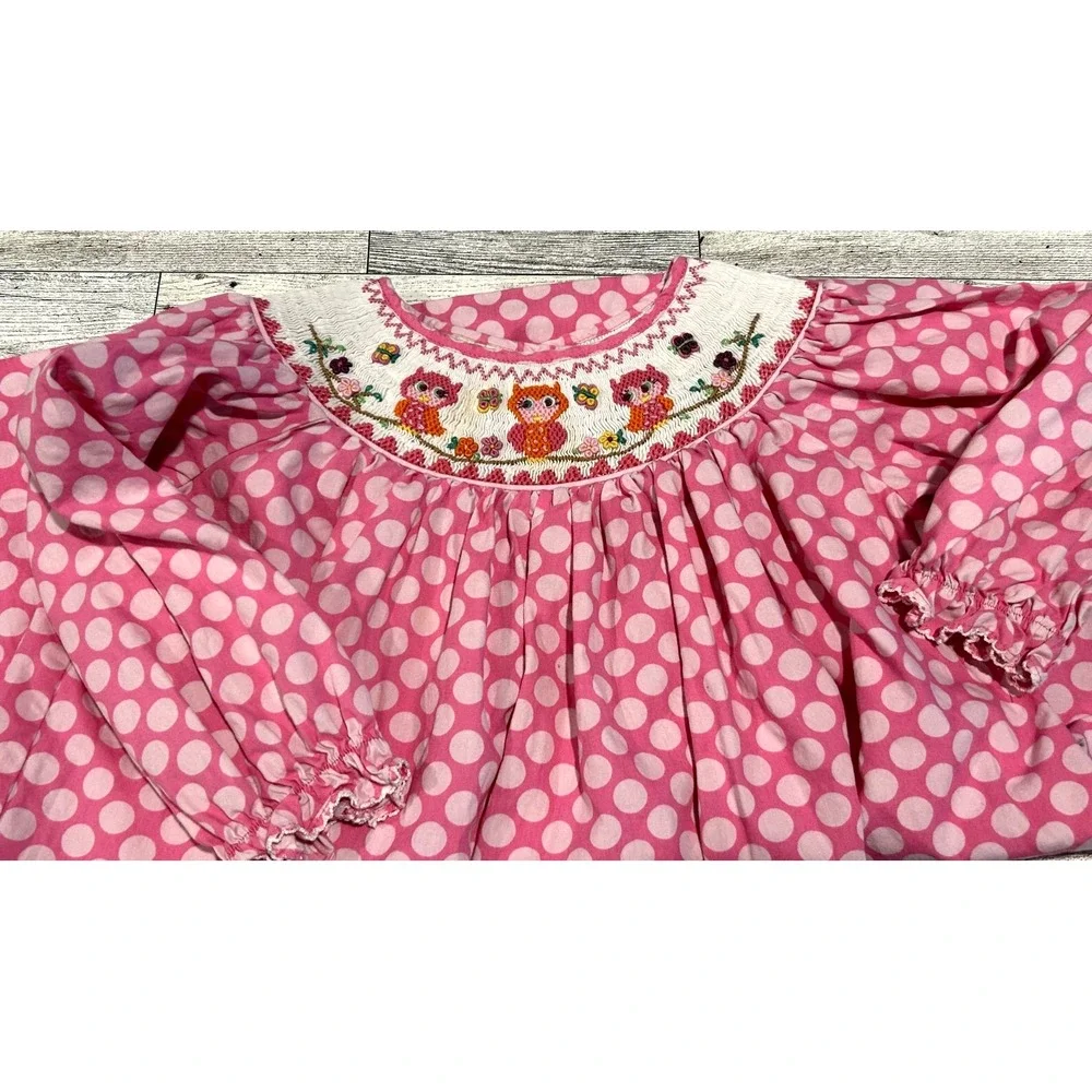 Girl's marmellata smocked Dress Pink Polka Dots Owls Butterflies Flowers Size 3T